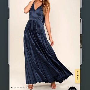 Lulu’s Epic Night Navy Blue Satin Maxi Pleated Dress